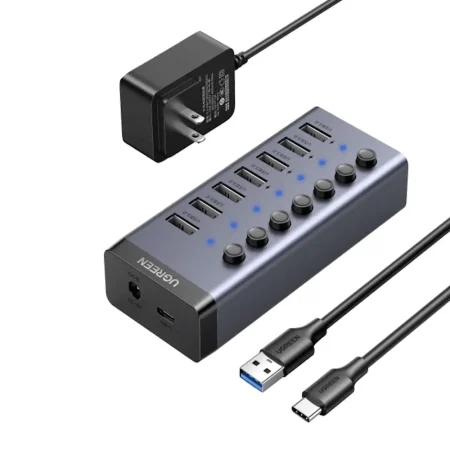 UGREEN 90307 7-Port USB 3.0 Hub with Smart Charging, Aluminum Body, 12V/2A Power Adapter